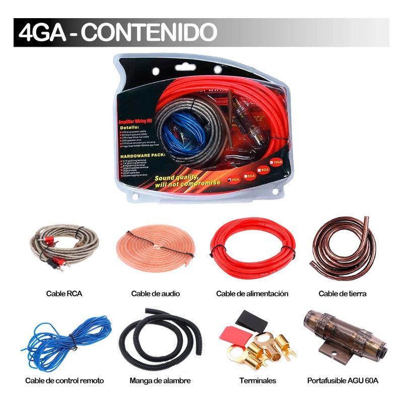 Kit Amplificador Instalacion Cable Rca Audio Auto 4ga