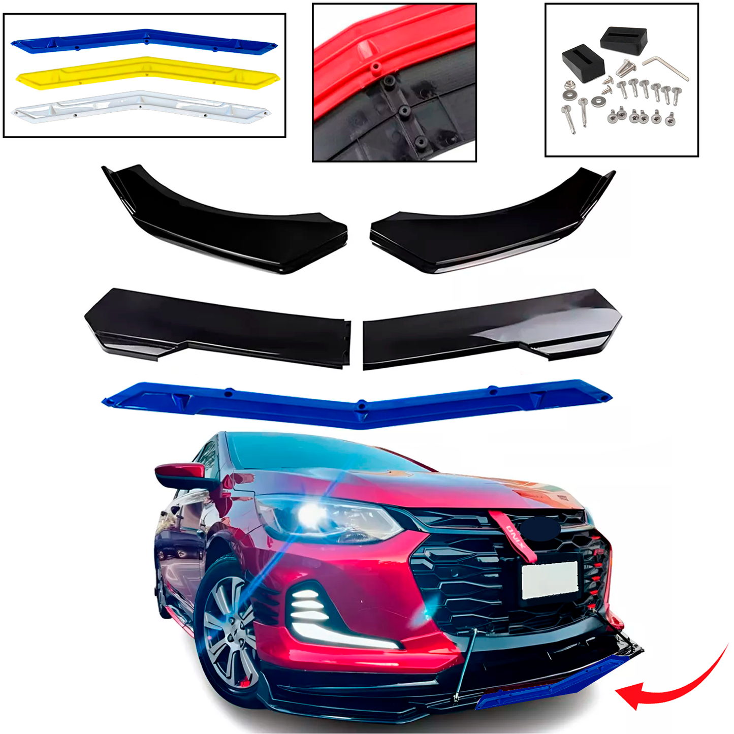 Lip Delantero Filo Color Facia Splitter Auto Universal 5 Pzs Deportivo Auto Carrocería Aleron Embellecedor