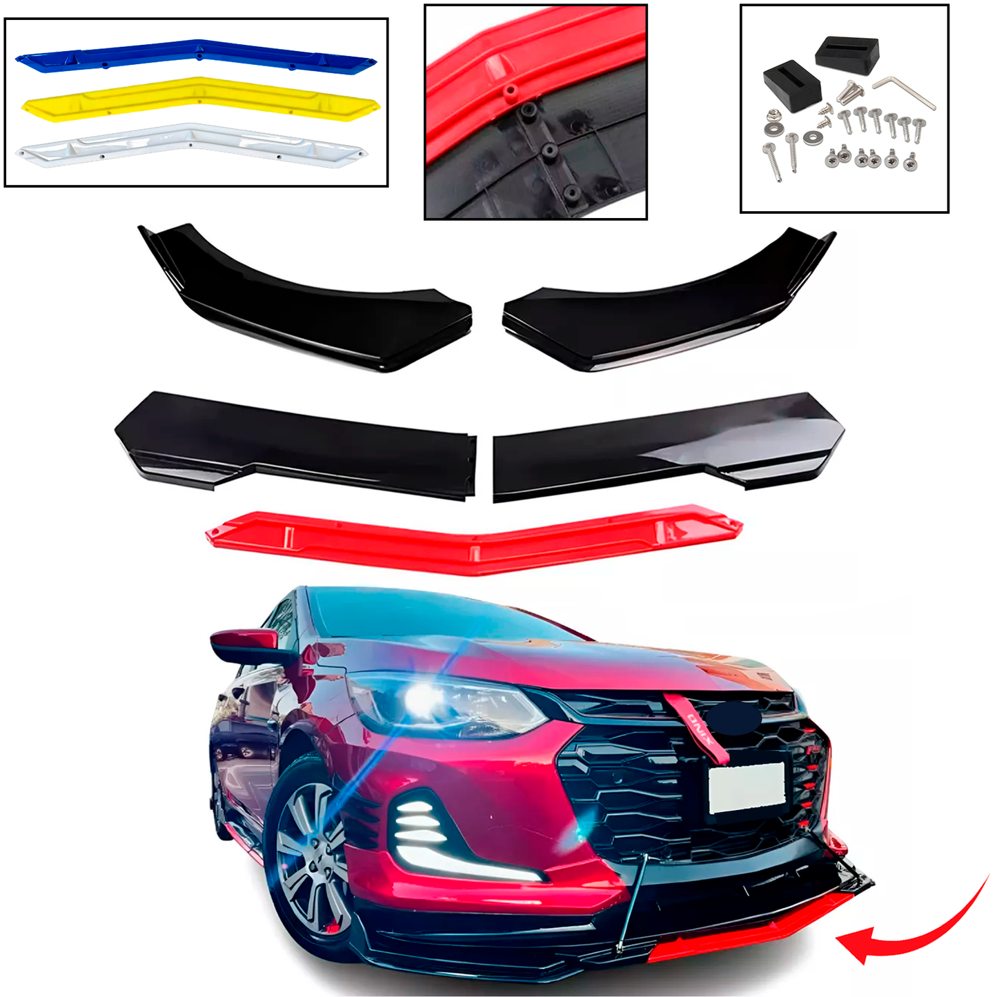 Lip Delantero Filo Color Facia Splitter Auto Universal 5 Pzs Deportivo Auto Carrocería Aleron Embellecedor