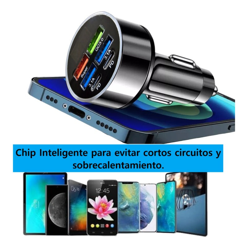 Cargador Auto Super Carga Adaptador 6 Puertos Tipo C Usb 3.0