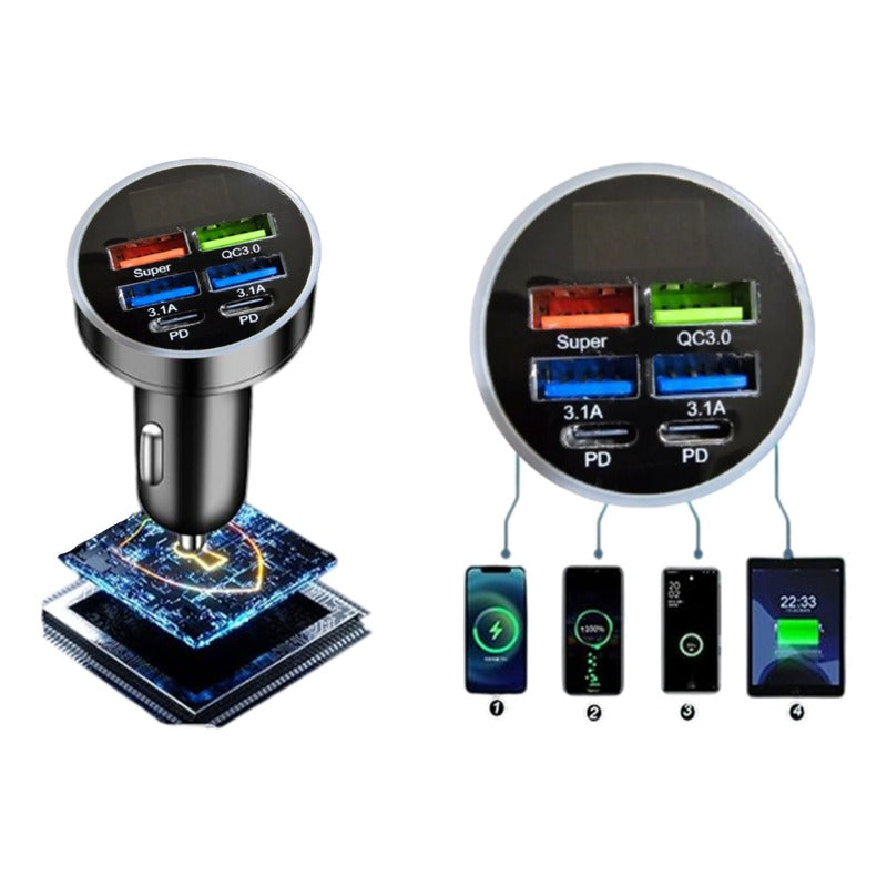 Cargador Auto Super Carga Adaptador 6 Puertos Tipo C Usb 3.0