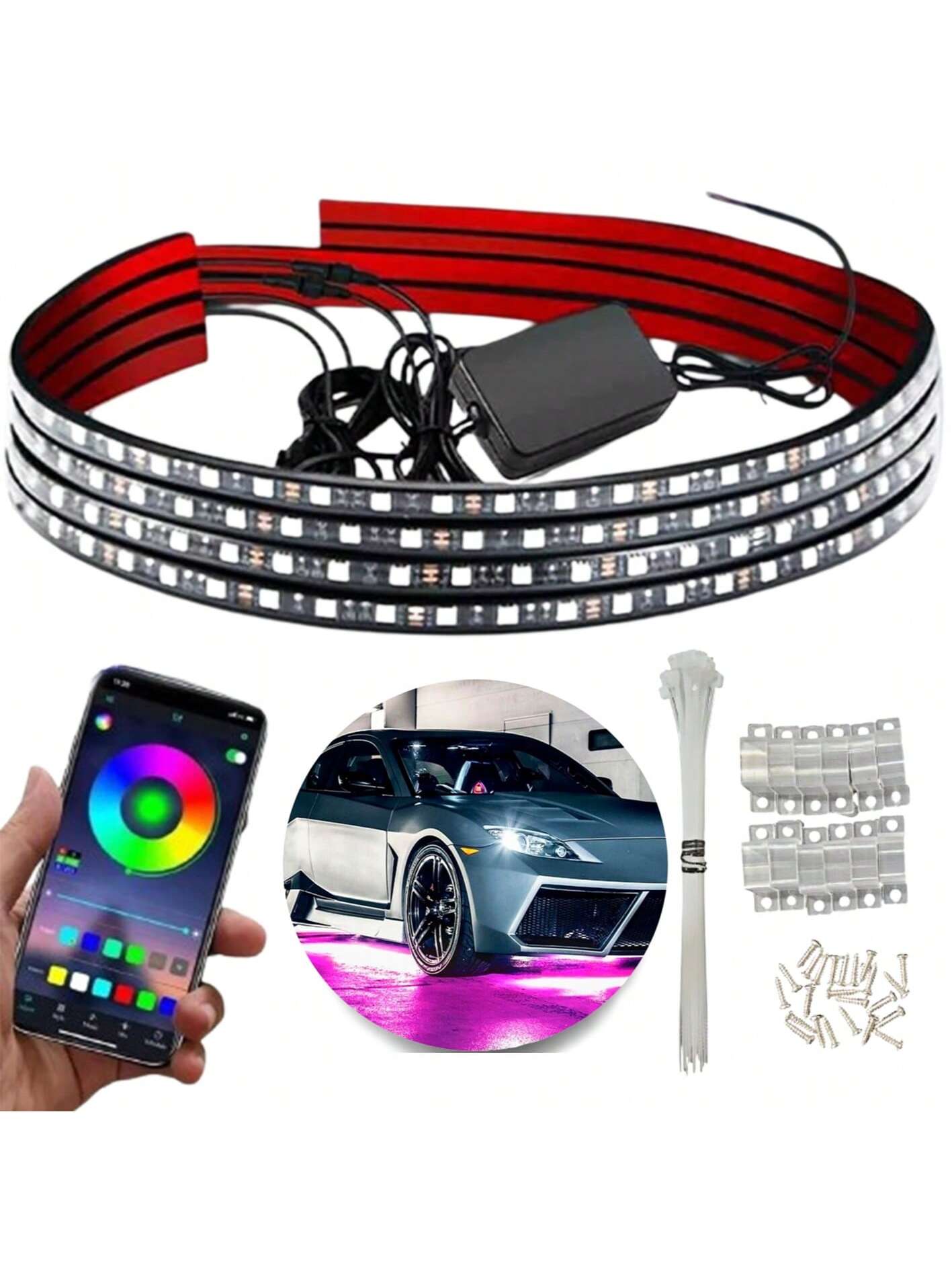 Vmingo Coche Chasis Tira Led RGB App Tunning Auto Decorativa 4pzs  Control Remoto Multicolor Chasis IOS Android  Vmingo Mexico