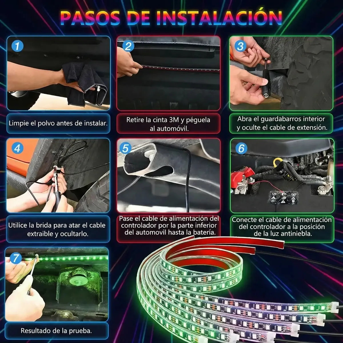 Chasis Tira Led RGB App Tunning Auto Decorativa 4pzs Control Remoto Multicolor IOS Android