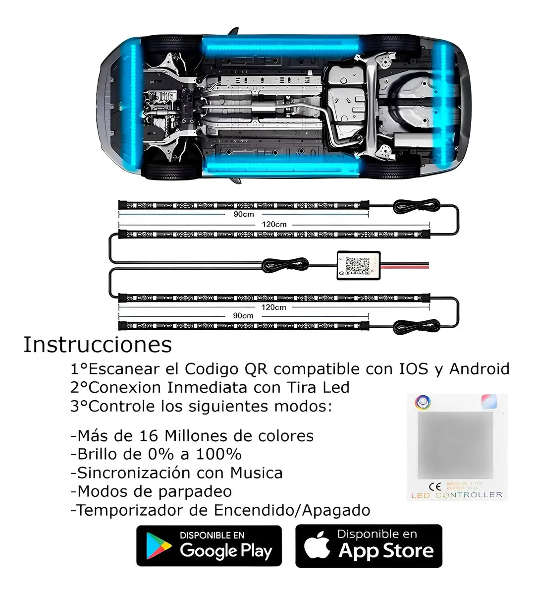 Chasis Tira Led RGB App Tunning Auto Decorativa 4pzs Control Remoto Multicolor IOS Android