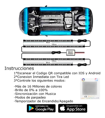 Chasis Tira Led RGB App Tunning Auto Decorativa 4pzs Control Remoto Multicolor IOS Android