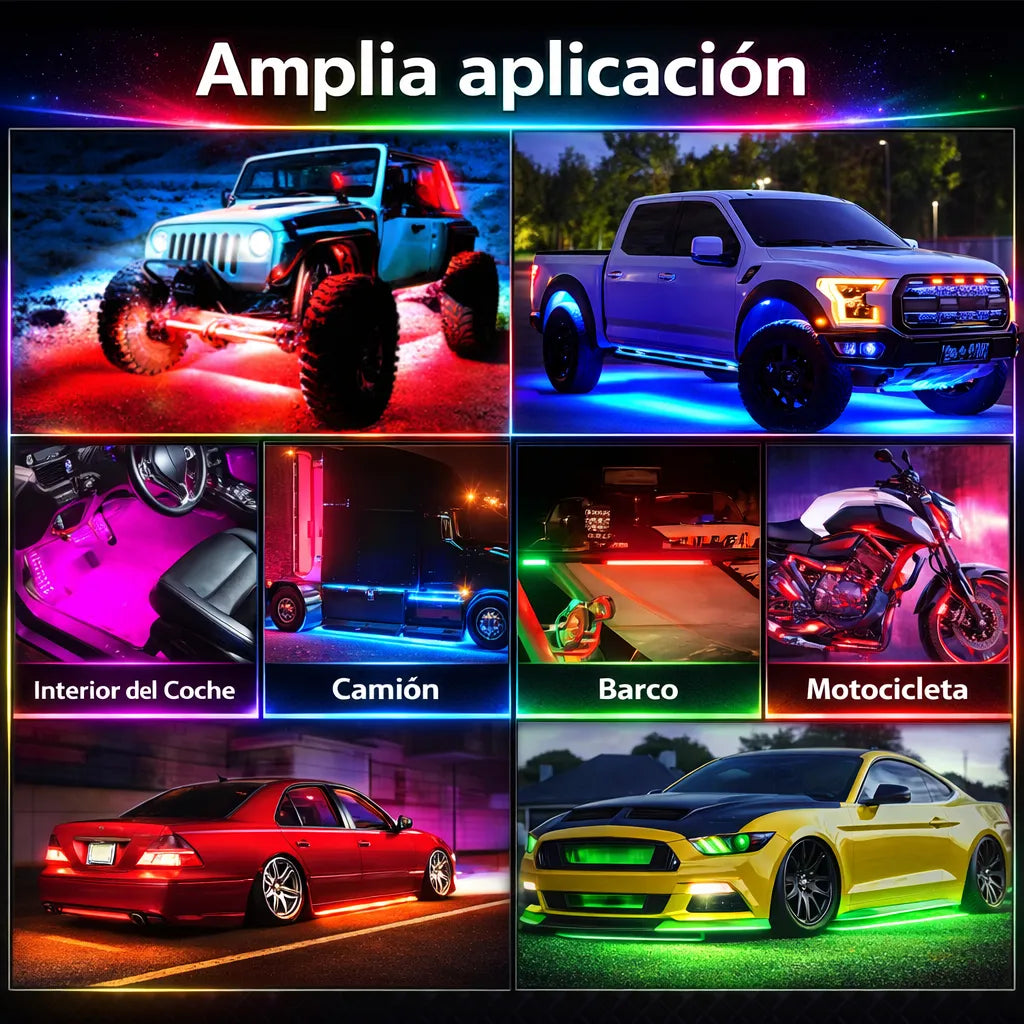 Chasis Tira Led RGB App Tunning Auto Decorativa 4pzs Control Remoto Multicolor IOS Android