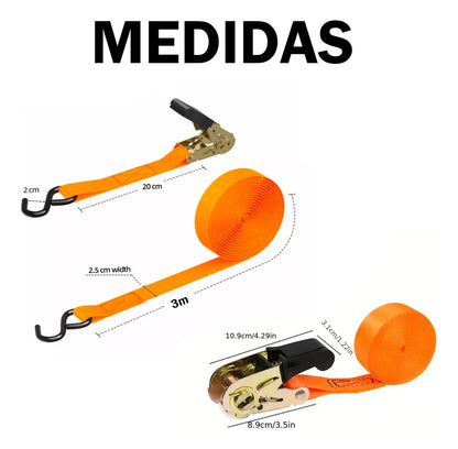 2pzs Sujetador Matraca Cinto 3m Auto Moto Carga Amarre 400kg