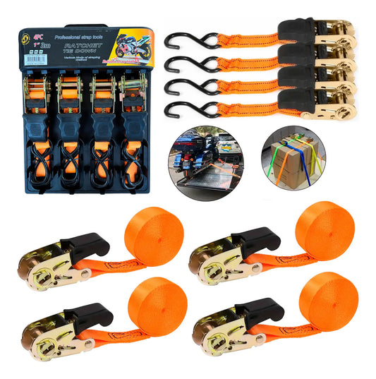 4pzs Sujetador Matraca Cinto 3m Auto Moto Carga Amarre 675kg